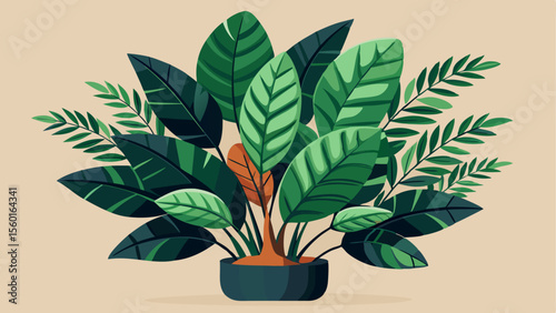 Cartoon illustration of a lush potted indoor plant with large green striped leaves and vibrant foliage on a beige background