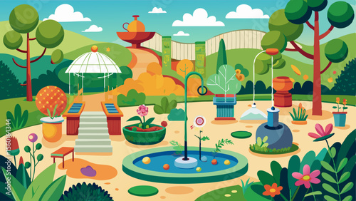Colorful illustration of a sensory garden with interactive elements, plants, water features, and vibrant natural surroundings