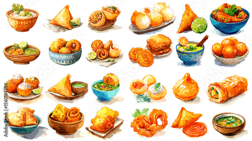 Colorful watercolor illustrations of Indian snacks including samosa, kachori, jalebi, chutney, and pakora, served in bowls and plates with vibrant garnishes.

