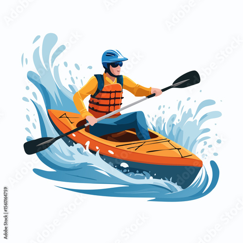 Vector art of a kayaker navigating white-water rapids, splashing water elements