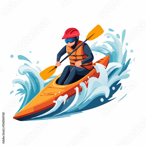 Vector art of a kayaker navigating white-water rapids, splashing water elements