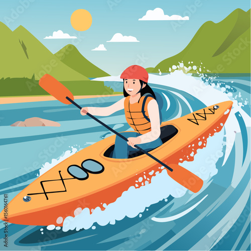 Vector art of a kayaker navigating white-water rapids, splashing water elements