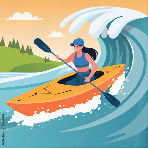 Vector art of a kayaker navigating white-water rapids, splashing water elements
