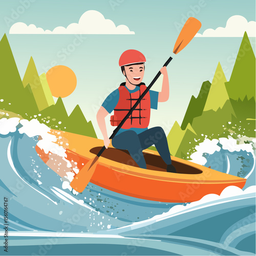 Vector art of a kayaker navigating white-water rapids, splashing water elements