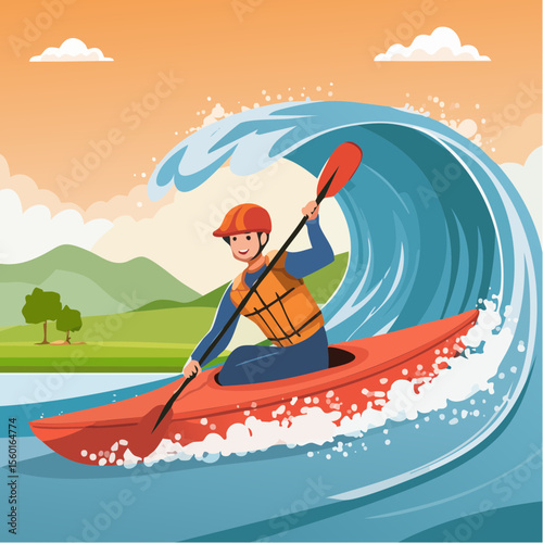 Vector art of a kayaker navigating white-water rapids, splashing water elements