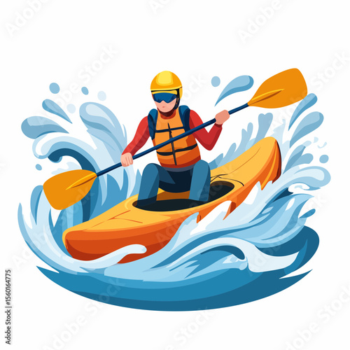 Vector art of a kayaker navigating white-water rapids, splashing water elements