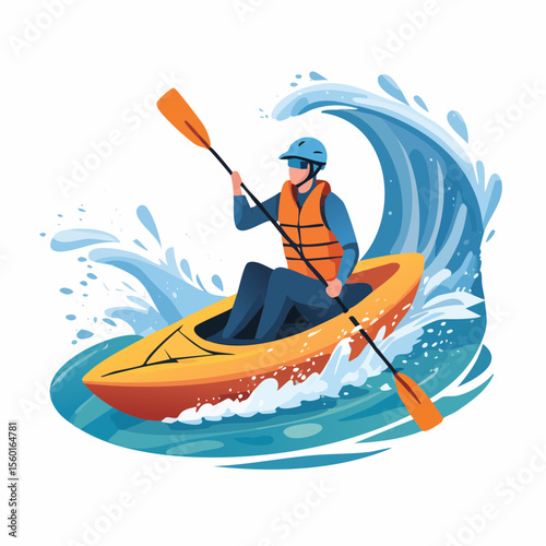 Vector art of a kayaker navigating white-water rapids, splashing water elements