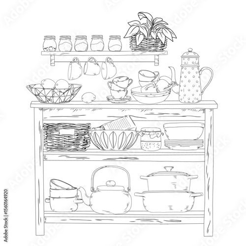 Black and white hand-drawn illustration of a rustic kitchen shelf with a basket, plates, glass jars, pots and cooking utensils.
