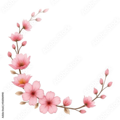 Floral Watercolor Border with Pink Cherry Blossoms Semi Circle Arrangement on Transparent Background for Wedding Invitation and Springtime Design Elements