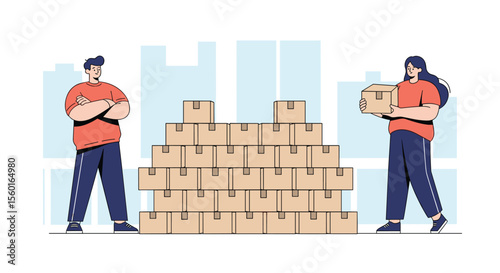 People moving or relocation to new home warehouse or office with package