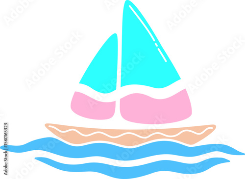 Hand drawn sailboat on the water retro groovy boho  summer elements cartoon doodle 