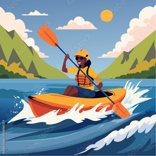 Vector art of a kayaker navigating white-water rapids, splashing water elements