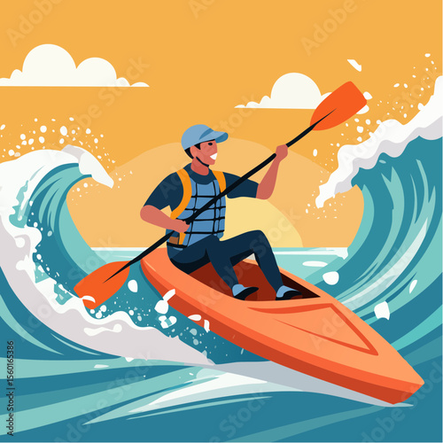 Vector art of a kayaker navigating white-water rapids, splashing water elements
