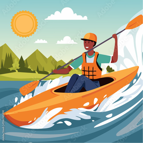 Vector art of a kayaker navigating white-water rapids, splashing water elements