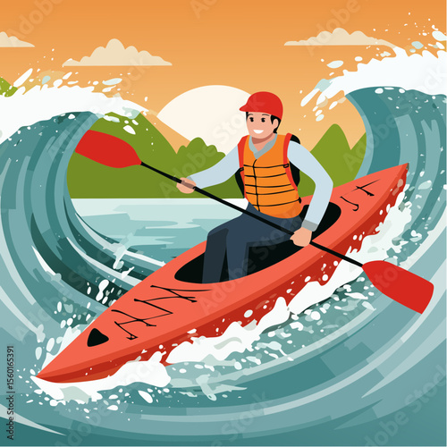 Vector art of a kayaker navigating white-water rapids, splashing water elements