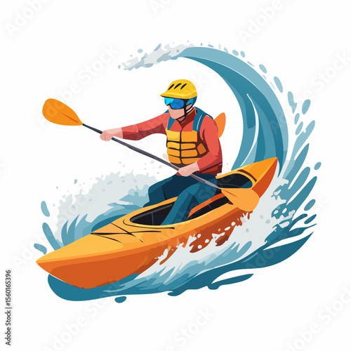 Vector art of a kayaker navigating white-water rapids, splashing water elements
