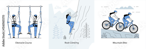 Adventure Activities Set: Illustration of three adventurous activities; Obstacle Course, Rock Climbing, and Mountain Bike. Depicting active lifestyle and thrill-seeking.