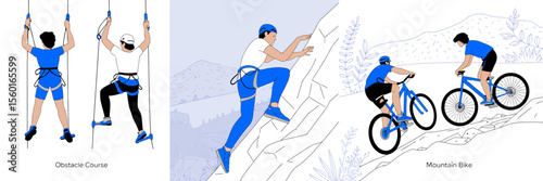 Outdoor Sport: An array of illustrations features figures engaging in thrilling outdoor sports, encompassing mountain biking and climbing exercises against natural terrains.