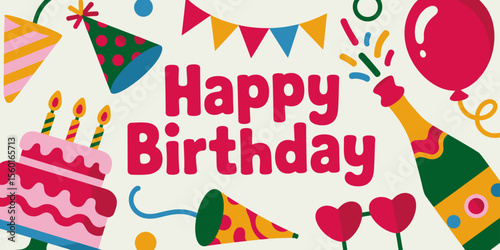 Festive birthday graphic: A cheerful graphic displays "Happy Birthday" surrounded by celebratory images of cake, balloons, confetti, and champagne.