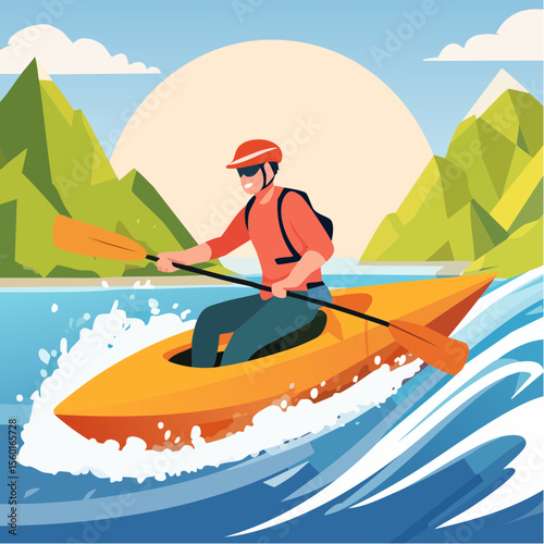 Vector art of a kayaker navigating white-water rapids, splashing water elements