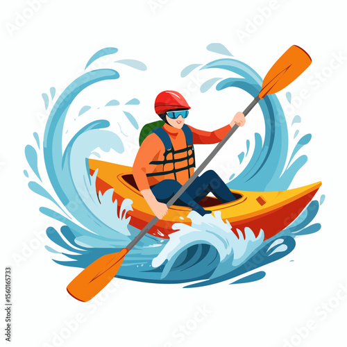 Vector art of a kayaker navigating white-water rapids, splashing water elements
