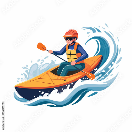 Vector art of a kayaker navigating white-water rapids, splashing water elements