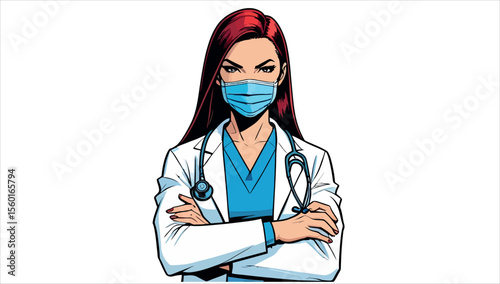 A woman wearing a lab coat with a mask on it