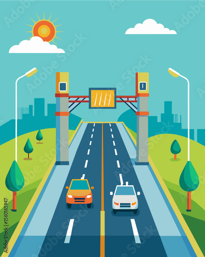 A solarpowered traffic management center on a toll road ensures that vehicles are moving smoothly and efficiently allowing for a seamless and ecofriendly toll experience for. Vector illustration