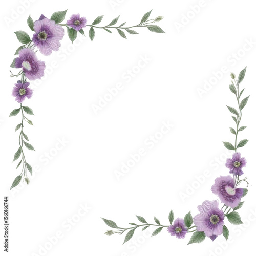 Purple Flower Corner Border Design with White Background Frame and Green Leaves for Decorative Ornamental Card and Invitation