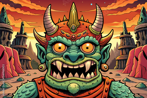 Vector artwork depicting a blazing underworld gateway guarded by a towering horned monster, surrounded by fire, molten stone, and ominous glowing symbols in a fantasy realm