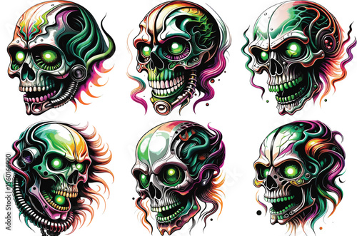 cyberpunk skulls with vibrant neon green eyes and colorful accents
