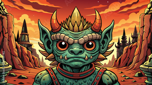 Vector artwork depicting a blazing underworld gateway guarded by a towering horned monster, surrounded by fire, molten stone, and ominous glowing symbols in a fantasy realm