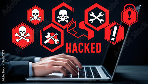 Hacked System Warning Icons for Cyberattack Alerts, Data Breach Notifications, and Digital Security Threats

