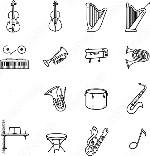 Black-and-White Vector Illustration of Musical Instrument Icons – 15-Piece Hand-Drawn Collection with Orchestral and Band Variety
