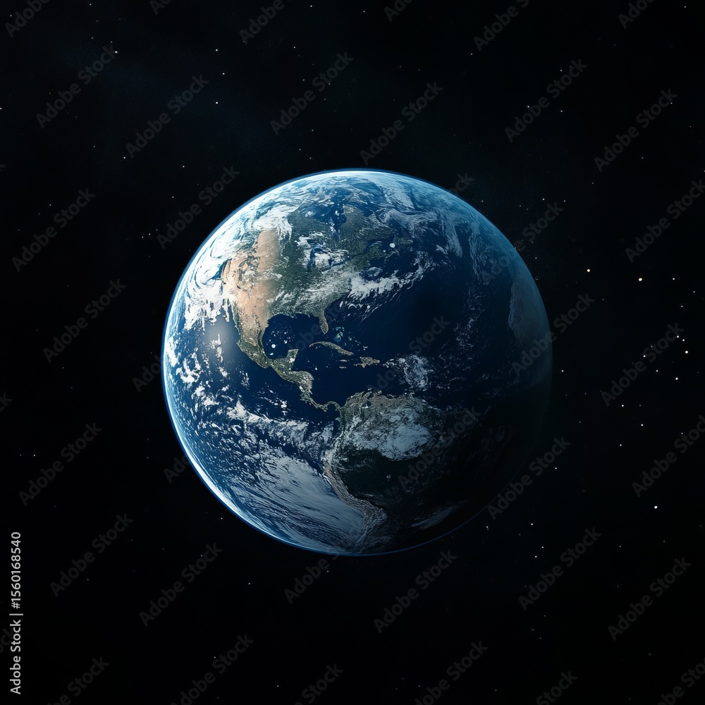 Fototapeta premium Blue Planet's Vastness: A breathtaking view of Earth from space, showcasing continents, oceans, and the serene beauty of our planet, suspended in the vast, star-studded expanse of the cosmos.