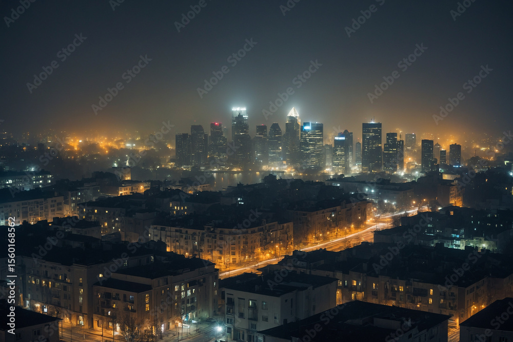 Fototapeta premium A foggy night city view featuring faint building outlines and streaked light sources blending into the mist in a soft blurred atmosphere, the subtle layering of architectural shapes