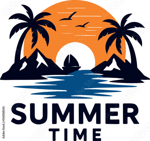 Summer time Tropical Beach Sunset Sailboat Vector Logo