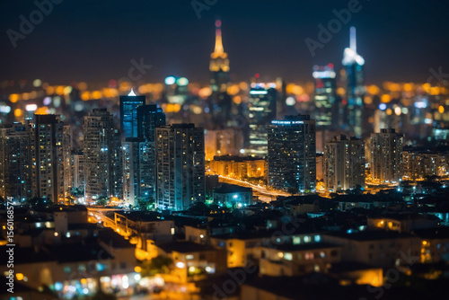 A wide-angle nighttime cityscape showing out-of-focus urban lights creating a soft gradient of color and brightness over silhouetted structures, background details remain identifiable