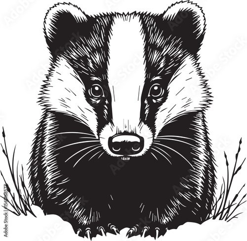Striking Badger Portrait: An artful monochrome illustration showcases a detailed front-facing portrayal of a badger, emphasizing its iconic striped facial markings, conveying curiosity and resilience.