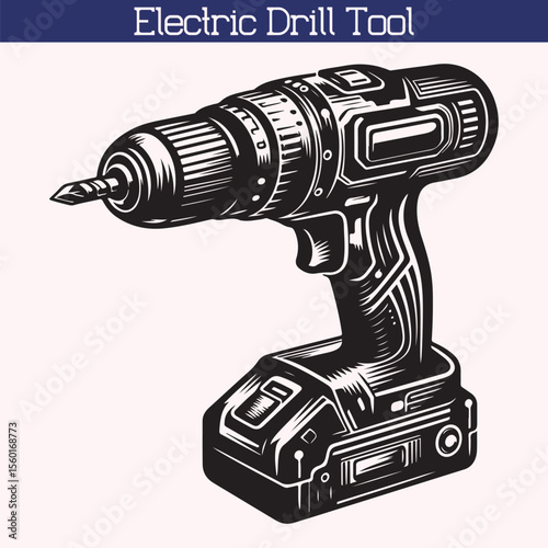 Electric drill tool, drill machine silhouette isolated on white background