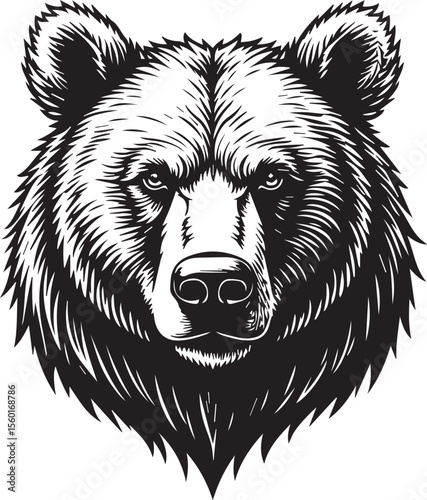 Grizzly Bear Face: A powerful black and white illustration of a grizzly bear's face, conveying strength and wildness. The detailed lines capture the essence of this iconic animal.