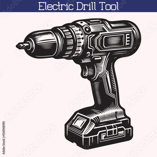 Electric drill tool, drill machine silhouette isolated on white background
