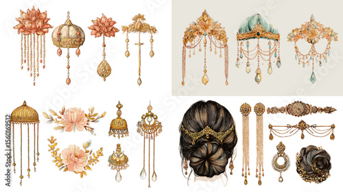 Elegant watercolor illustrations of traditional hair accessories and headpieces with floral, gold, and jeweled designs, perfect for weddings, royalty, or cultural attire.

