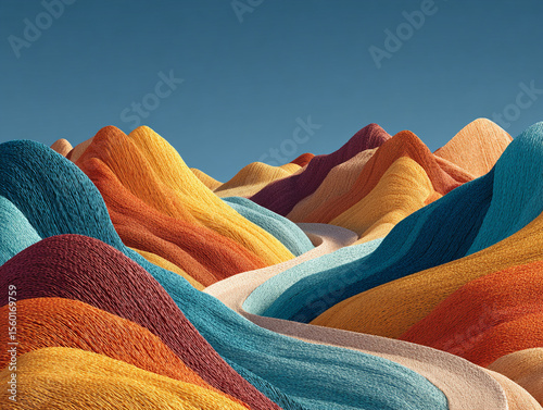 Surreal desert with colorful striped sand dunes
