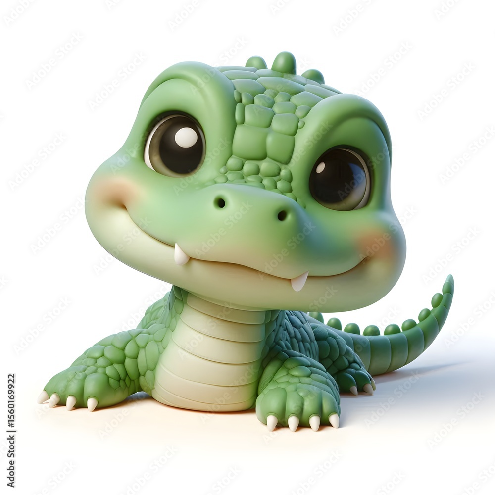 Fototapeta premium A 3D baby caiman with stubby legs, friendly smile, and relaxed pose lying gently on a white background surface