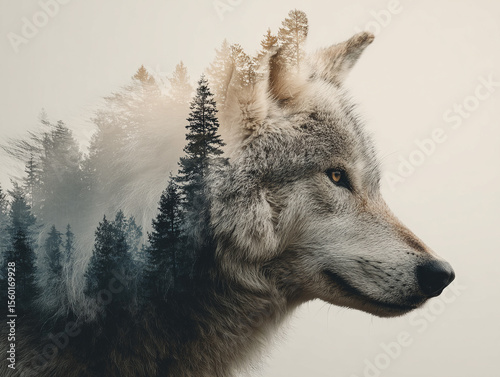 Double exposure of wolf and northern forest, creative composition