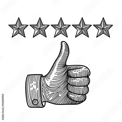 Hand drawn vintage thumbs up gesture with five stars above, representing excellent rating, positive review, customer satisfaction, and quality service in engraved sketch style.