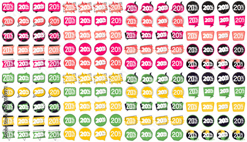 Set Sale 20% off banners, promo tags design template, vector