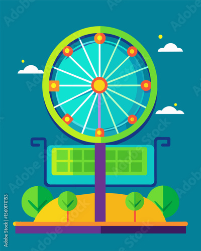 A vibrant neoncolored billboard featuring a solarpowered ferris wheel beckoning passersby to ride and experience the renewable energy source in action.. Vector illustration