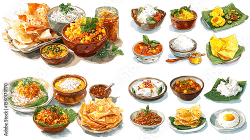 South Asian and Indian food watercolor illustration set, showing rice, curry, dhal, papadam, and traditional vegetarian meals served on banana leaves and bowls.

